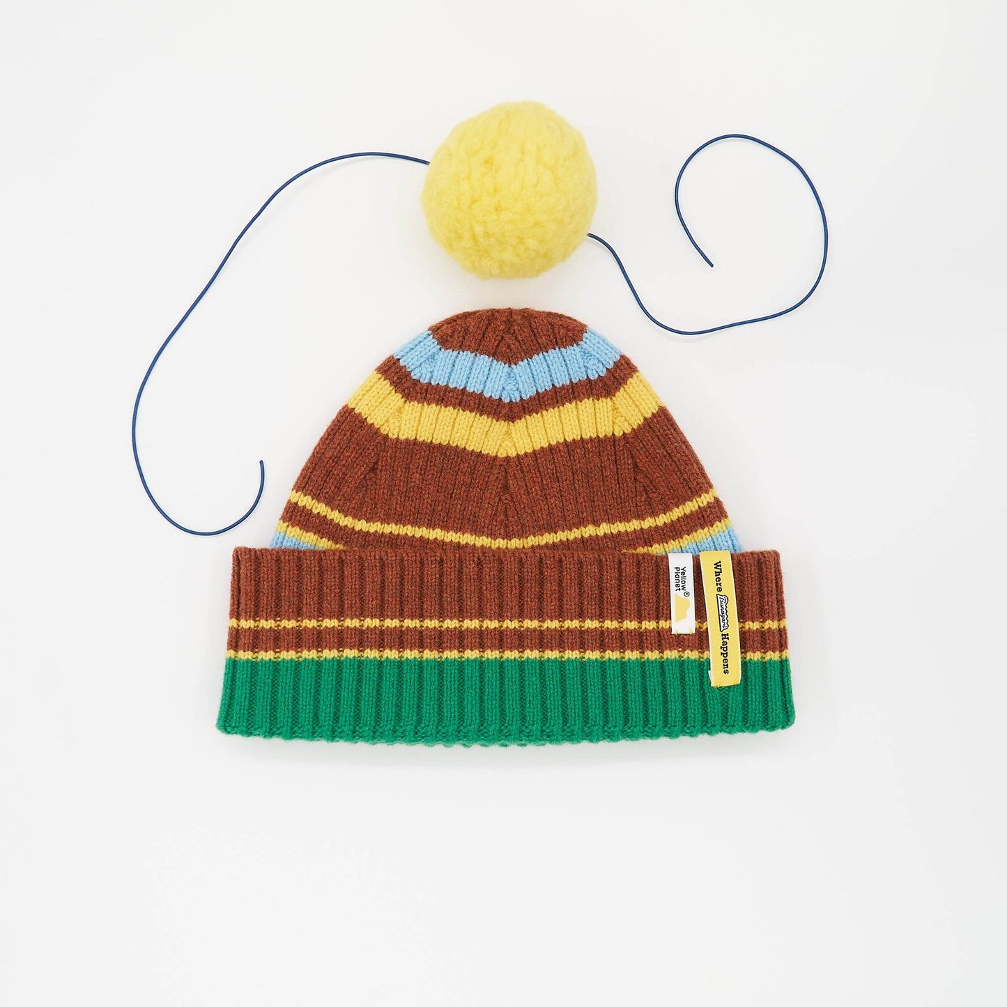 Chestnut Color Heal Series Merino Wool Beanie with yellow pom-pom on a white background