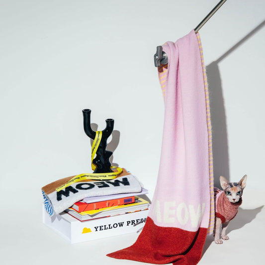 CAT-Sophy Series "MEOW" Theme Alpaca & Mohair Scarf for Human Pink Red Pale Yellow Stripes F