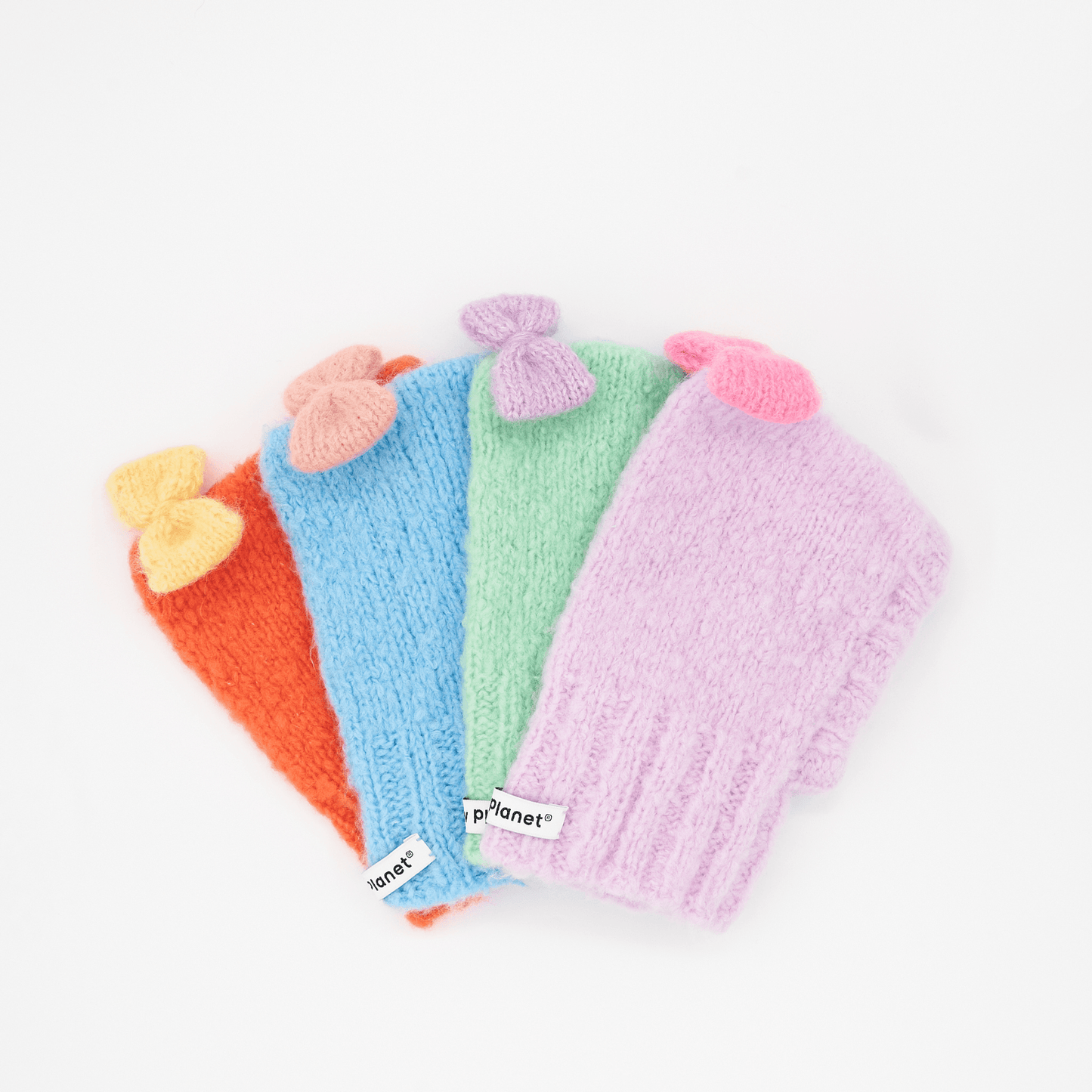 Pawsome Granny Gang Series “MOCHI BONBON” wool knit beanies in four colors staggered flatlay on white background