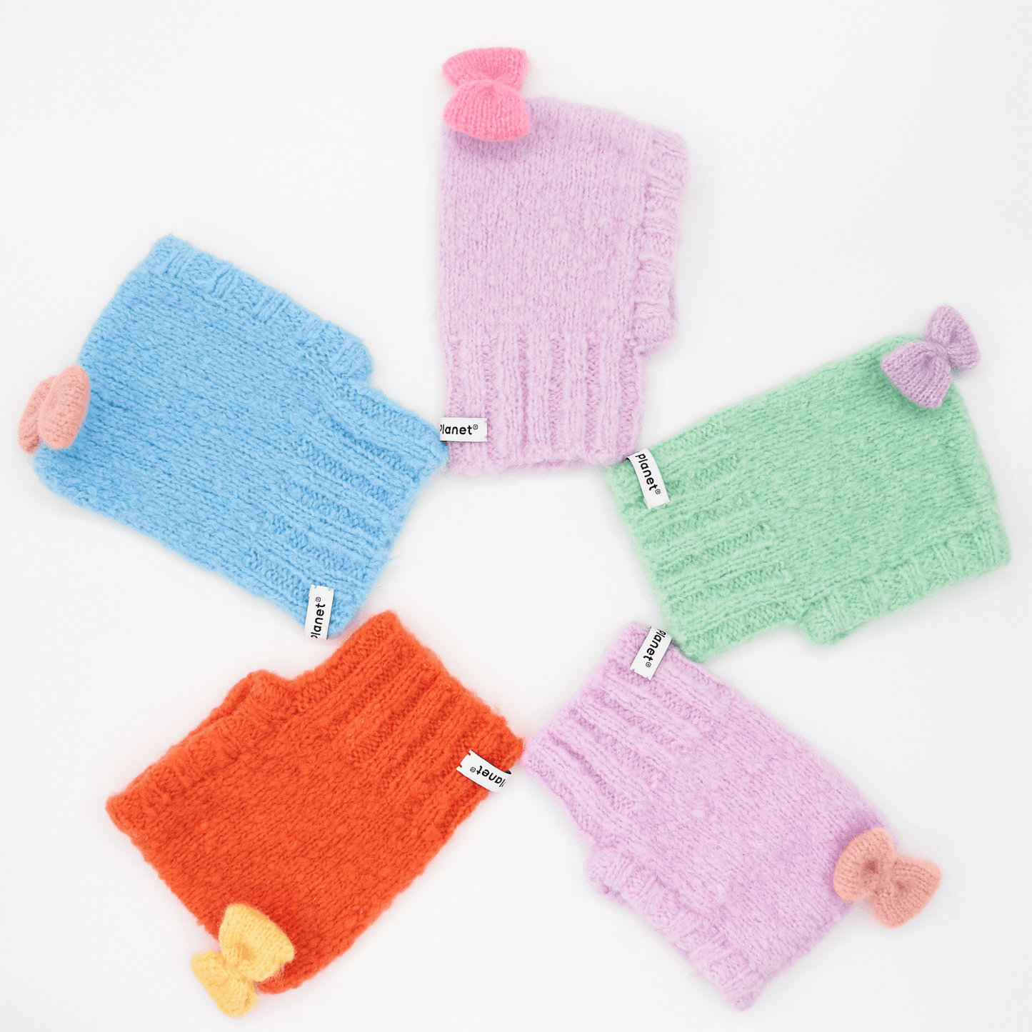 Pawsome Granny Gang Series “MOCHI BONBON” wool knit beanies in five colors arranged in a circle flatlay on white background