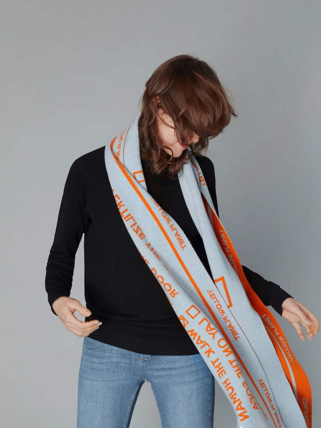 DOG-Sophy Series "WOOF" Theme Wool Reversible Two-Tone Scarf for Human - Yellow Planet