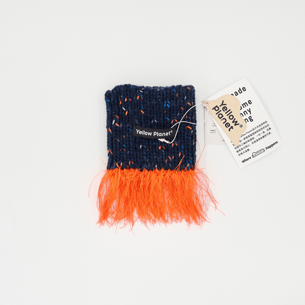 Back view of the navy blue "Duality" pet snood showing logo and hang tag, displayed on white background.