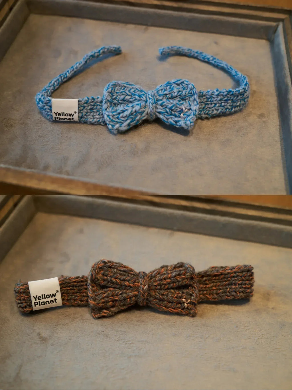 A comparison shot of the hand-knitted bow ties in Blue and Rust Tweed colorways.