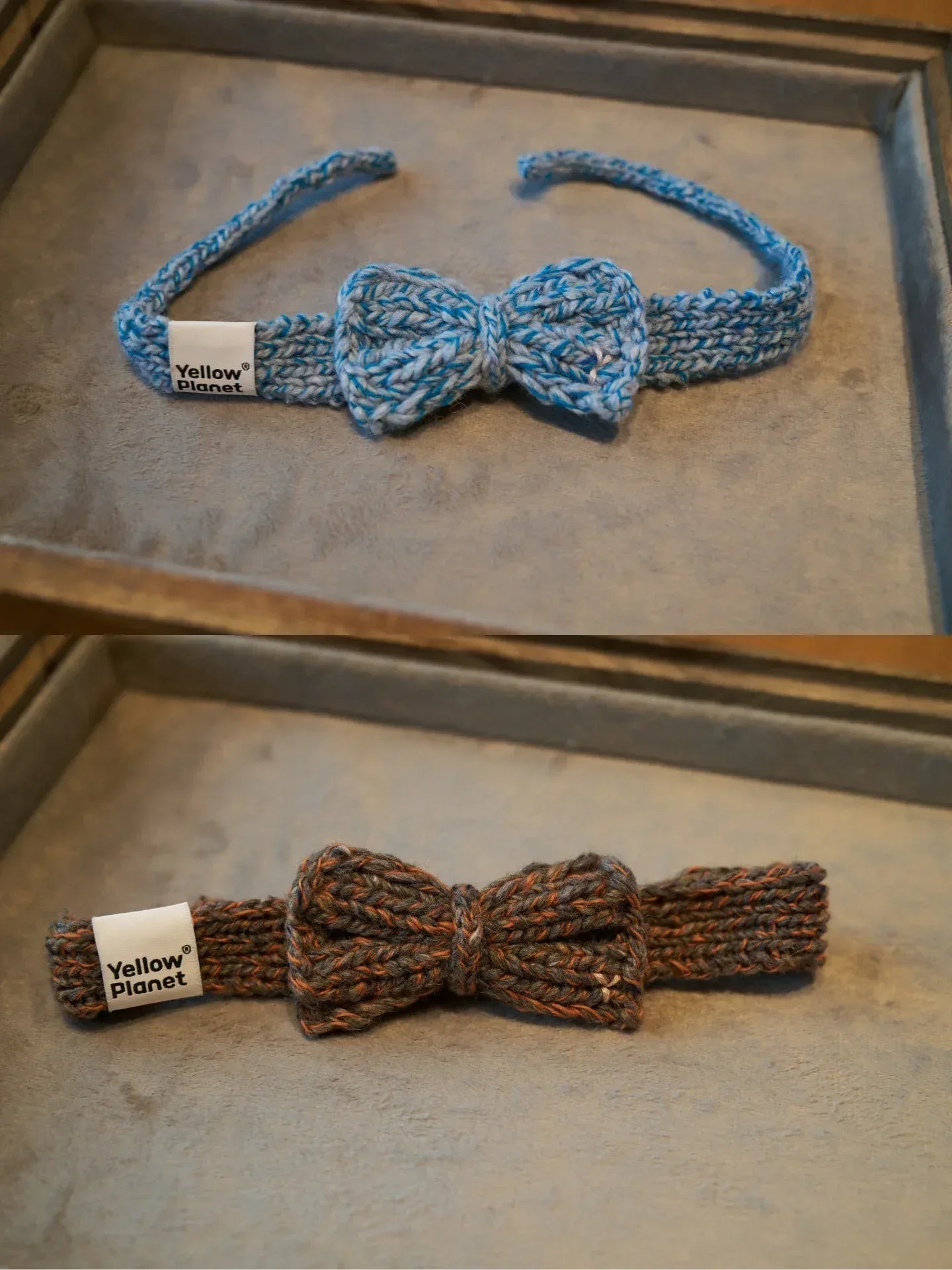 A comparison shot of the hand-knitted bow ties in Blue and Rust Tweed colorways.