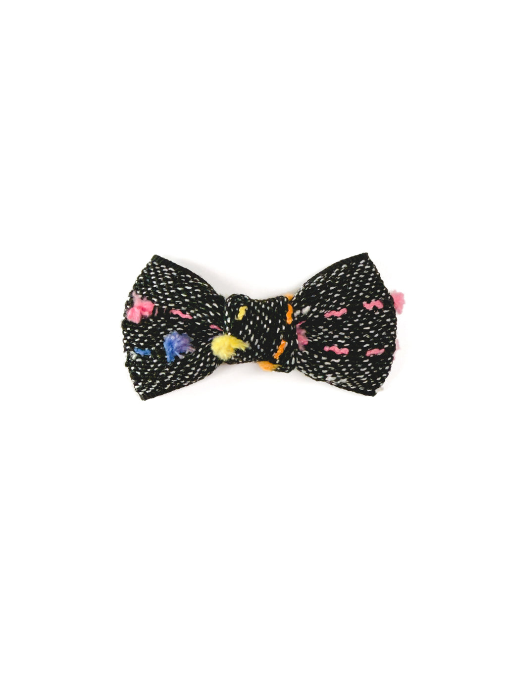 Front view of a BALOVESYOU Crayon Confetti pet hair clip with a colorful patterned bow.