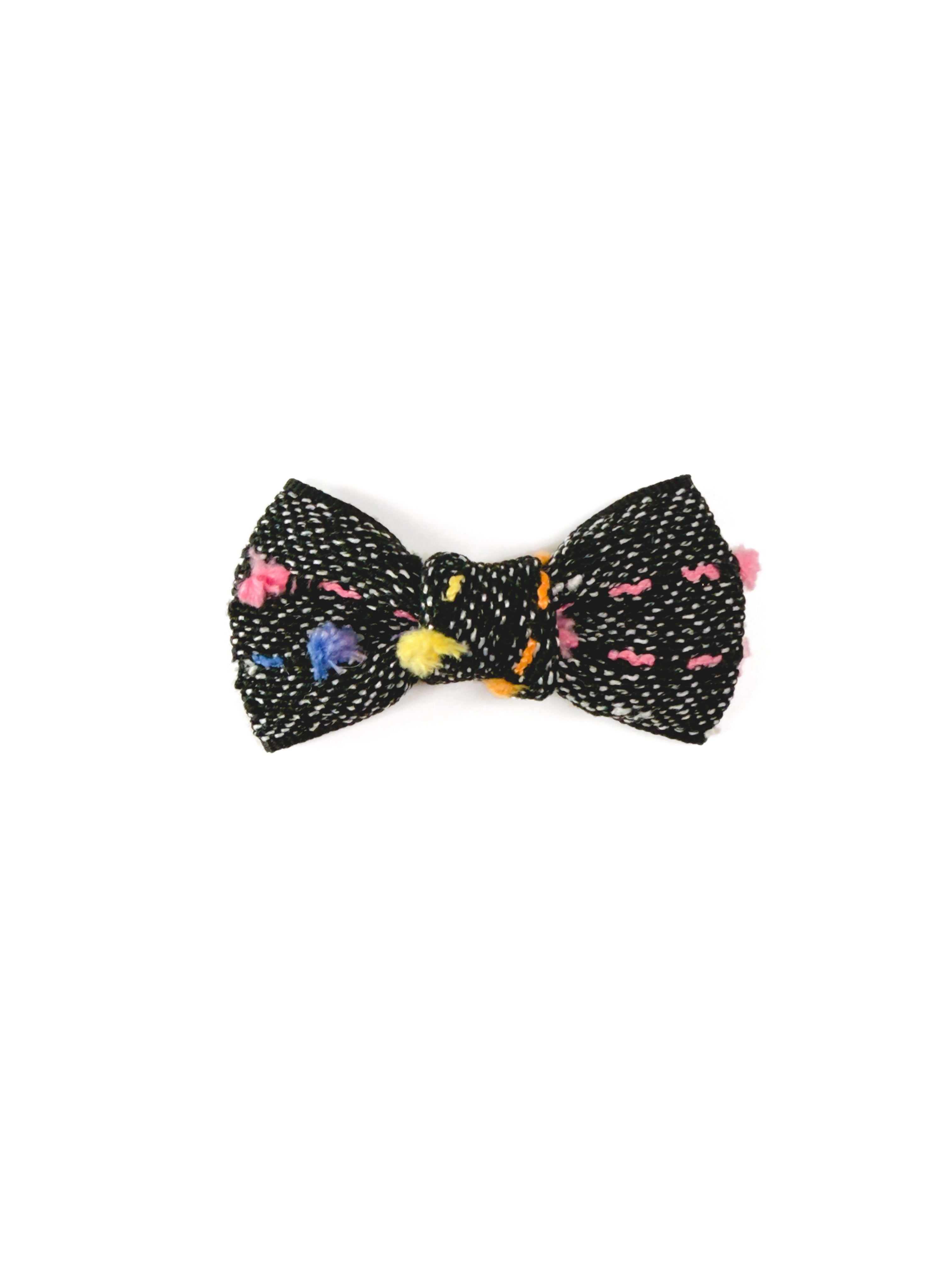 Front view of a BALOVESYOU Crayon Confetti pet hair clip with a colorful patterned bow.
