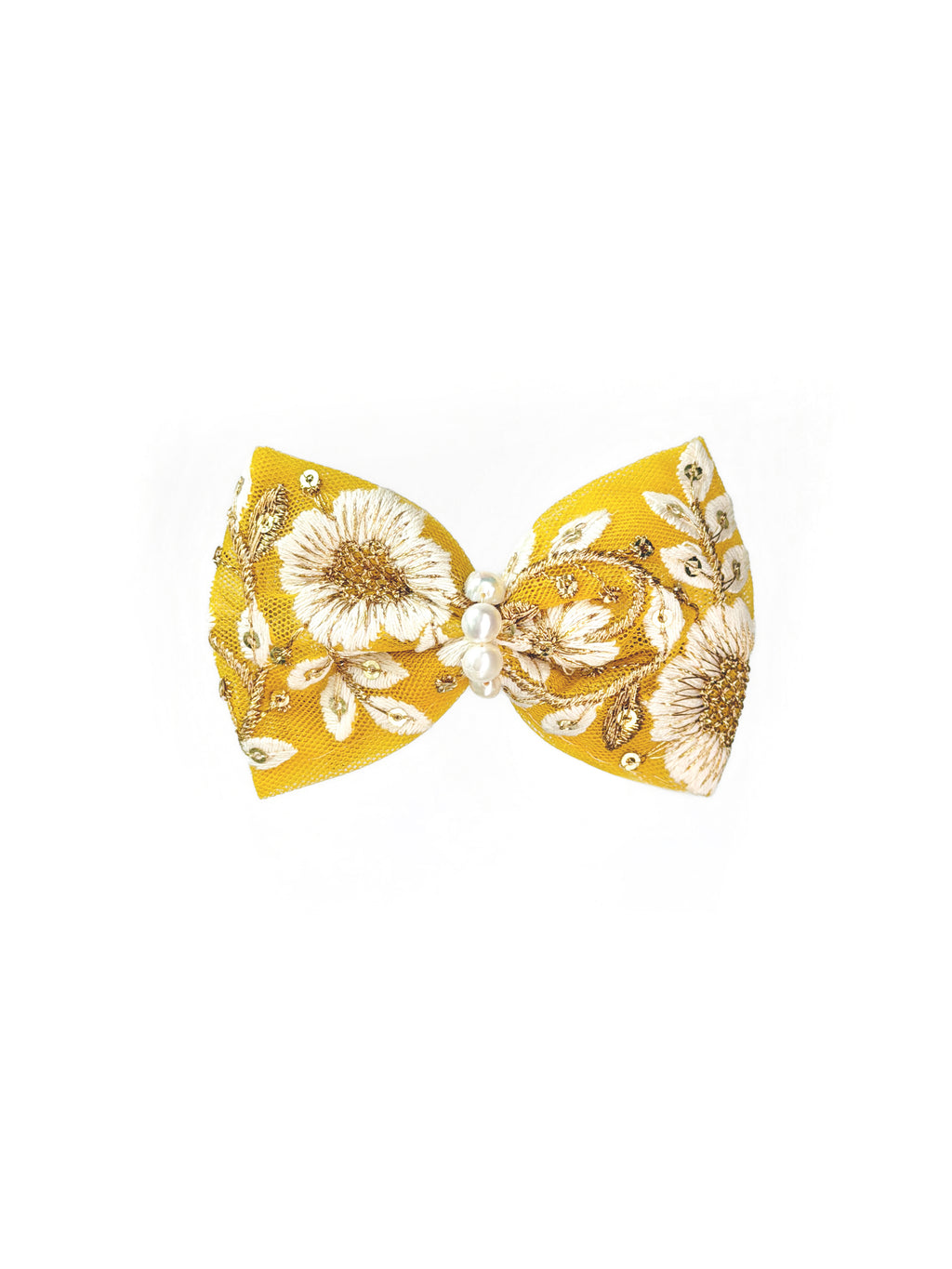 Pair of BALOVESYOU Jardin Baroque pet hair clips in Perle with floral bows and pearl details.