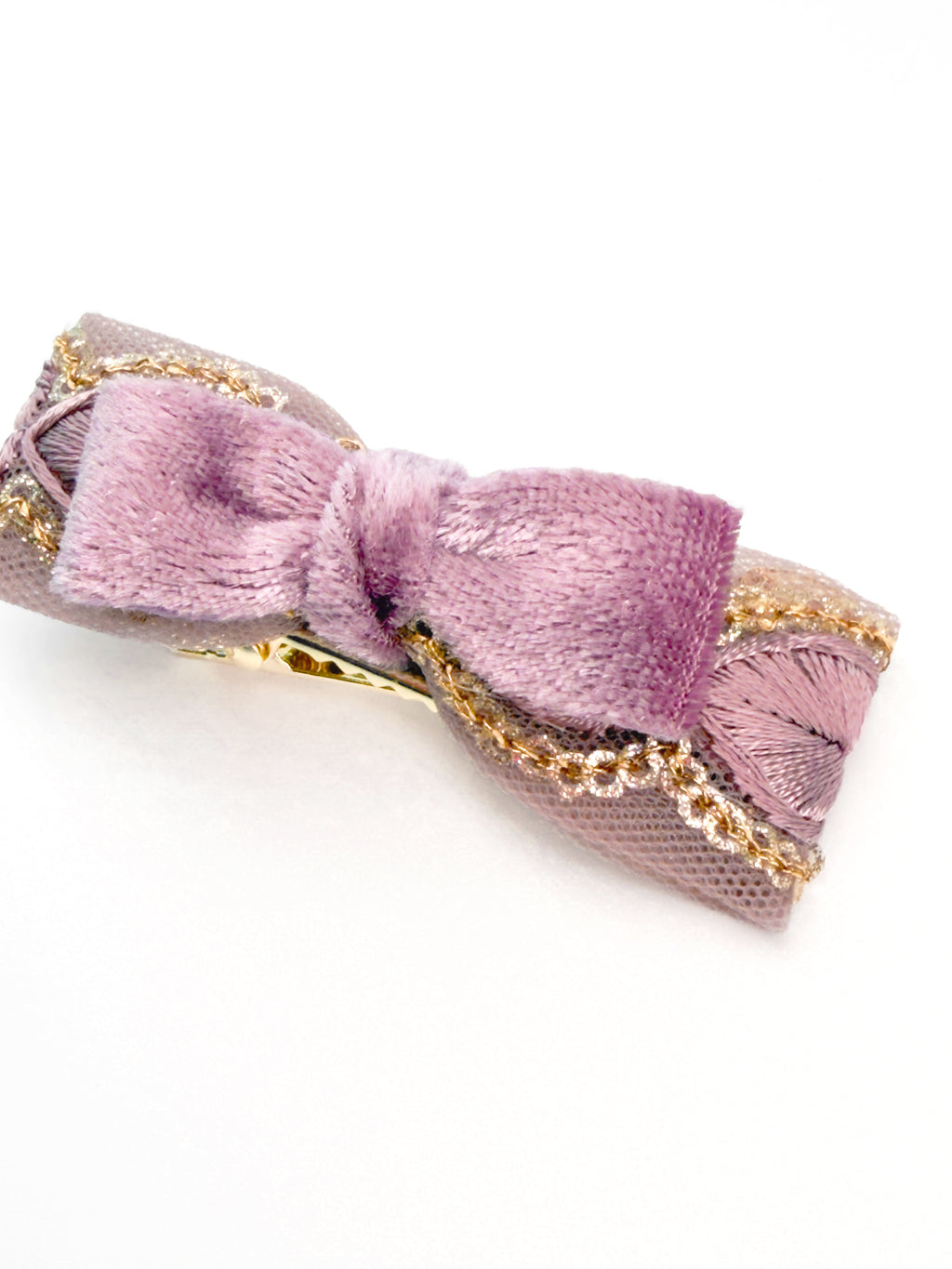 Front view of the BALOVESYOU Smoky Rose pet hair clip with a layered bow design.