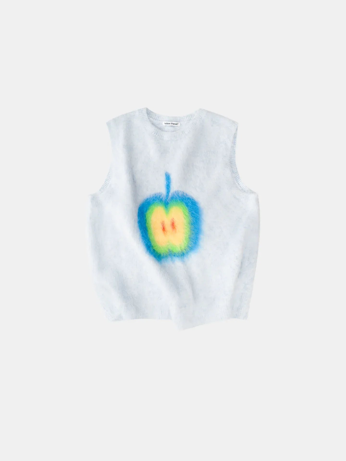 Front view of the light blue brushed knit vest for humans, featuring a central blurry apple graphic in yellow, green, and blue.