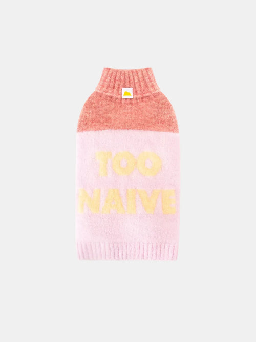 Main product shot of the "Too Naive" Pink and Butter Yellow alpaca wool pet knit vest on a white background.