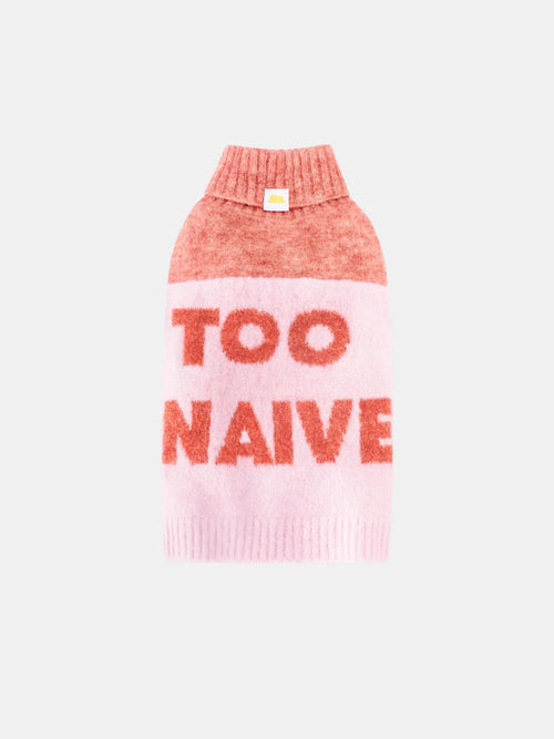 Main studio shot of the "Too Naive" Pink and Coral Red alpaca wool pet knit vest on a white background- Yellow Planet