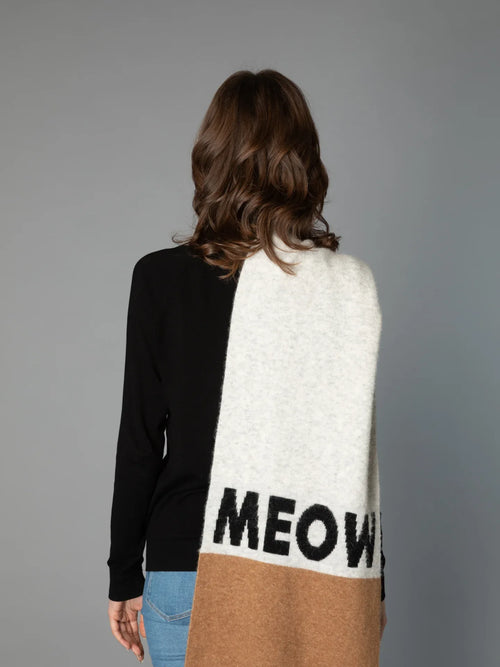 Back view of a woman modeling the CAT-Sophy "MEOW" theme oversized scarf in grey, brown, and blue-striped colorblock.