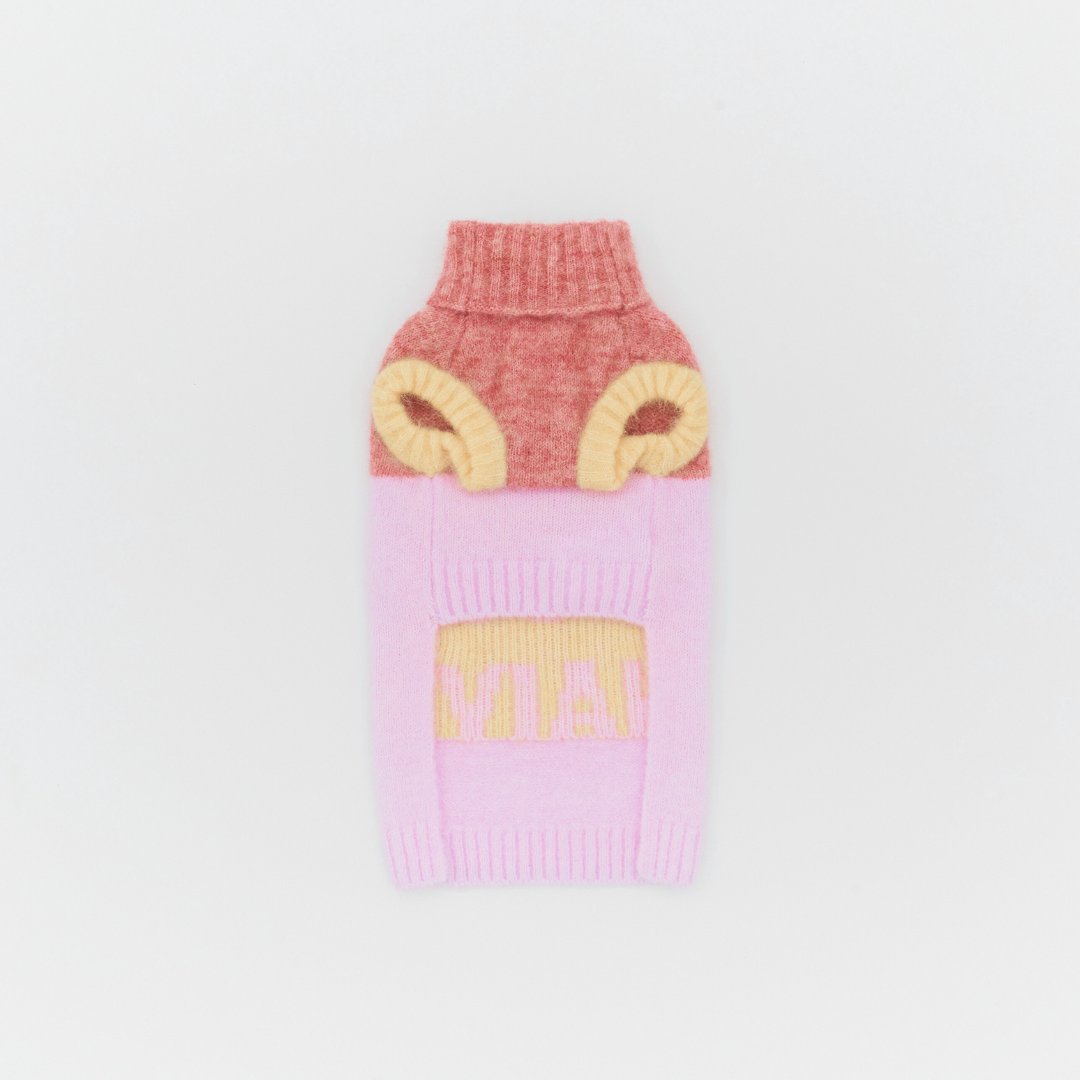 Front view of the Cat-Sophy “Too Naive” alpaca wool pet knit vest in Pink / Butter Yellow, ultra-light and soft