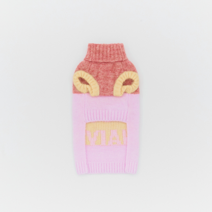 Front view of the Cat-Sophy “Too Naive” alpaca wool pet knit vest in Pink / Butter Yellow, ultra-light and soft