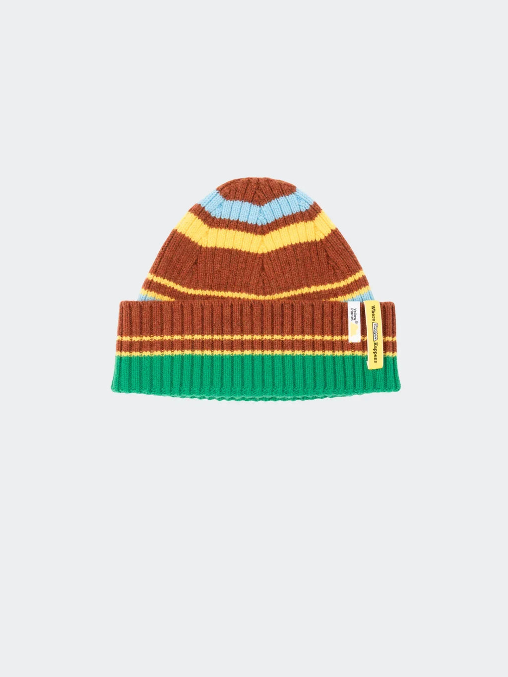 Main product shot of the Chestnut Brown striped wool beanie featuring a multi-color ribbed knit and a woven brand label.