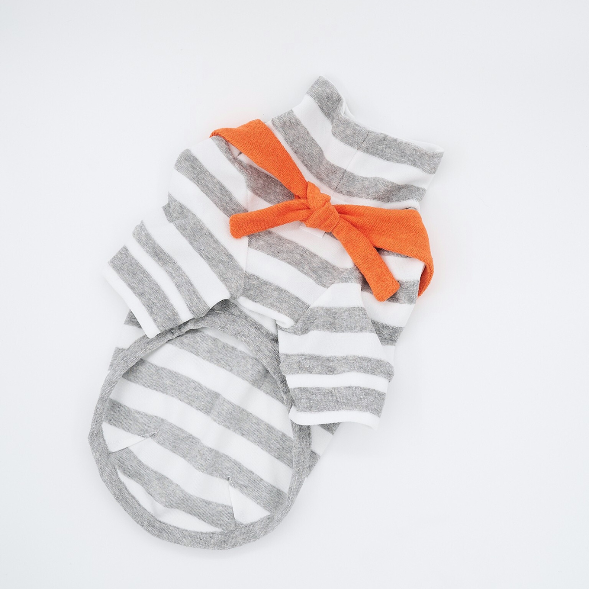 Flat lay of Colorful Daily Series Classic Stripe two-leg pet outfit in grey with an orange yarn-dyed bandana on white background
