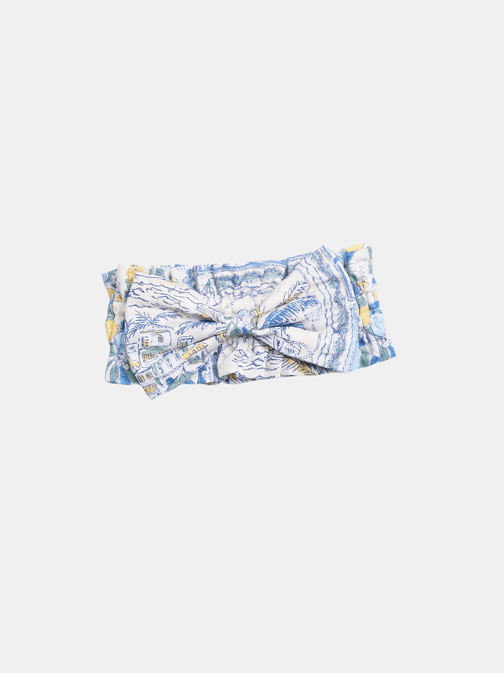 Colorful Daily Nature's Verse Bow Neckpiece in the Amalfi print, crafted from crinkled cotton fabric.