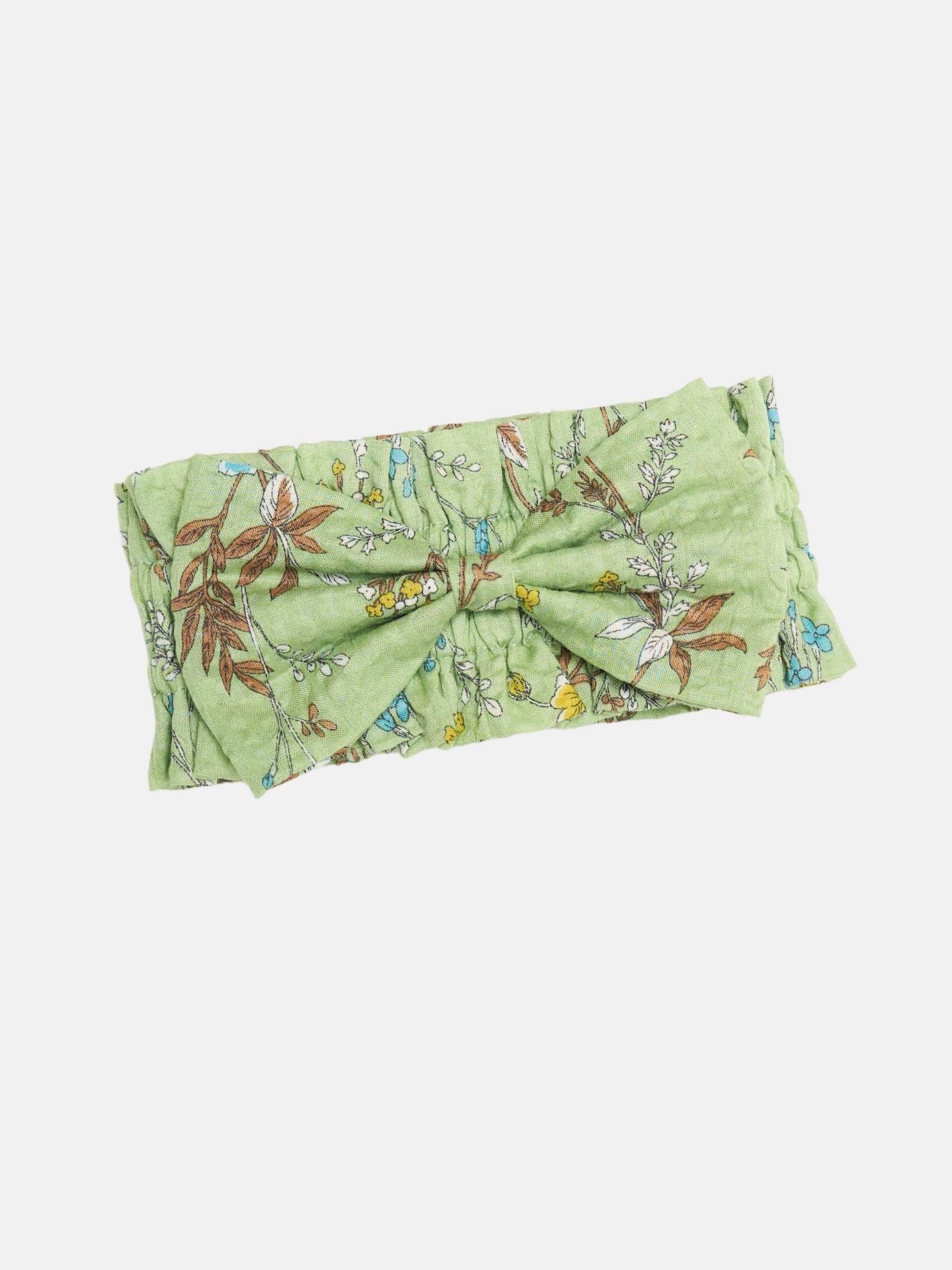 Colorful Daily Nature's Verse Bow Neckpiece in Forest Green, featuring a vintage-inspired botanical print, ruched collar, and soft bow detail.