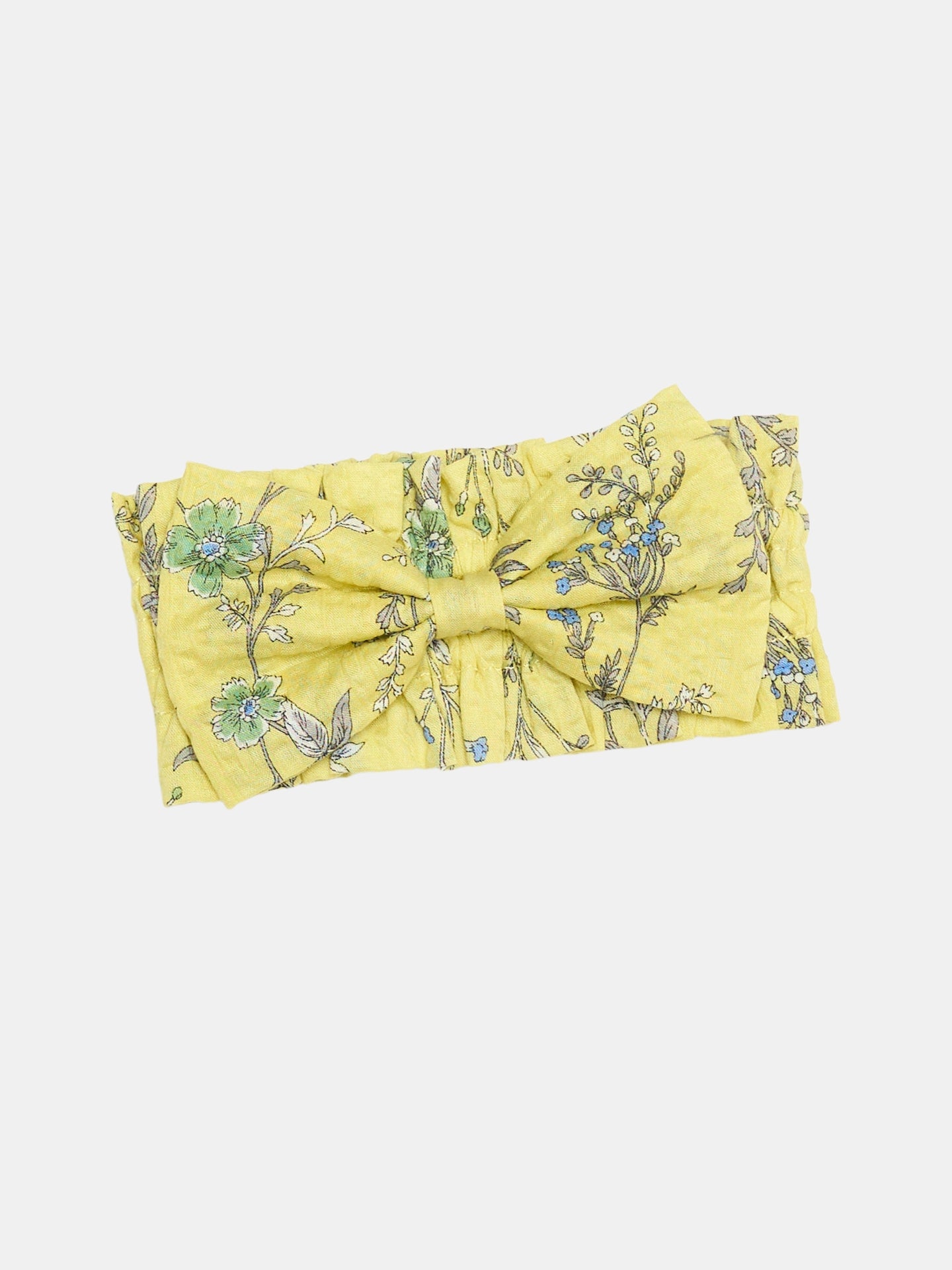 Colorful Daily Nature's Verse Bow Neckpiece in Forest Yellow, featuring a vintage-inspired floral print, ruched collar, and soft bow detail.