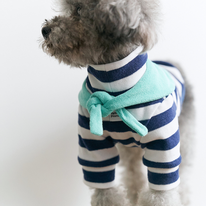 Gray small dog wearing Colorful Daily Series Classic Stripe × Color Yarn-dyed Two-Leg Pet Outfit in navy stripe with green bandana, front view on white background