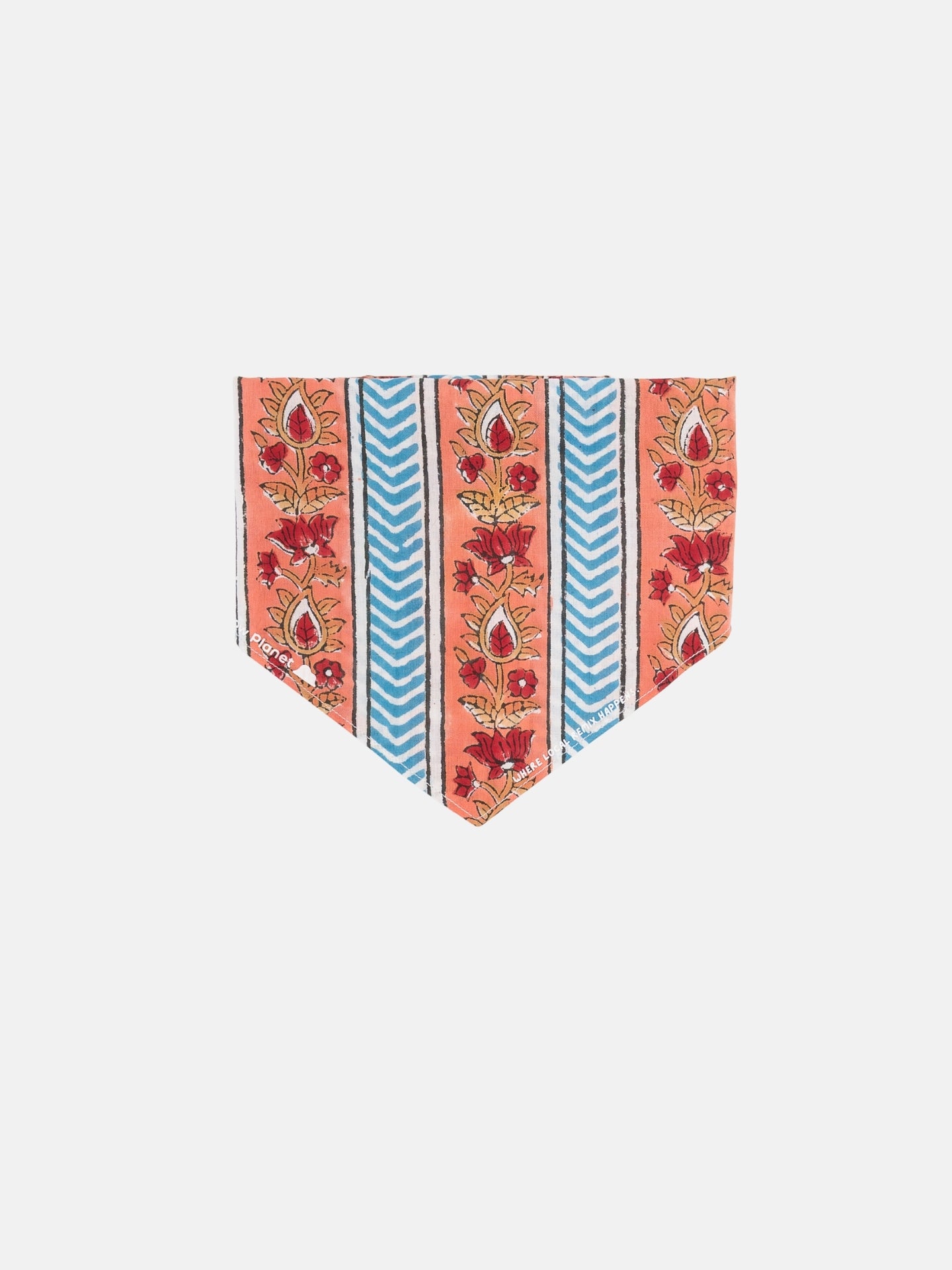 Coral Bloom Path block print Indian cotton bandana shown unfolded on a white background