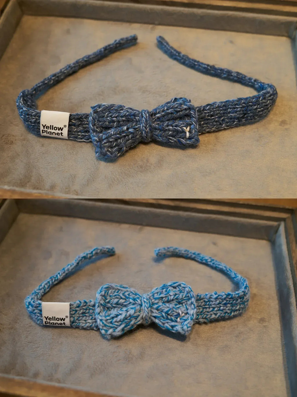 Side-by-side comparison of the Denim Tweed (dark blue) and Azure Tweed (light blue) hand-knitted pet bow ties.
