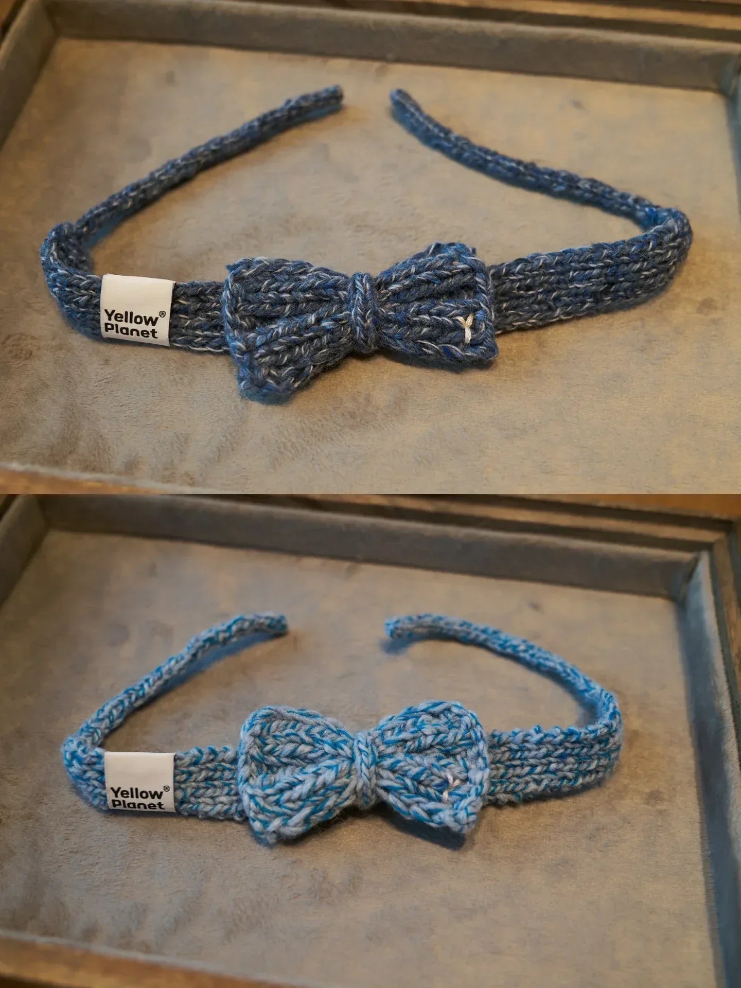 Side-by-side comparison of the Denim Tweed (dark blue) and Azure Tweed (light blue) hand-knitted pet bow ties.