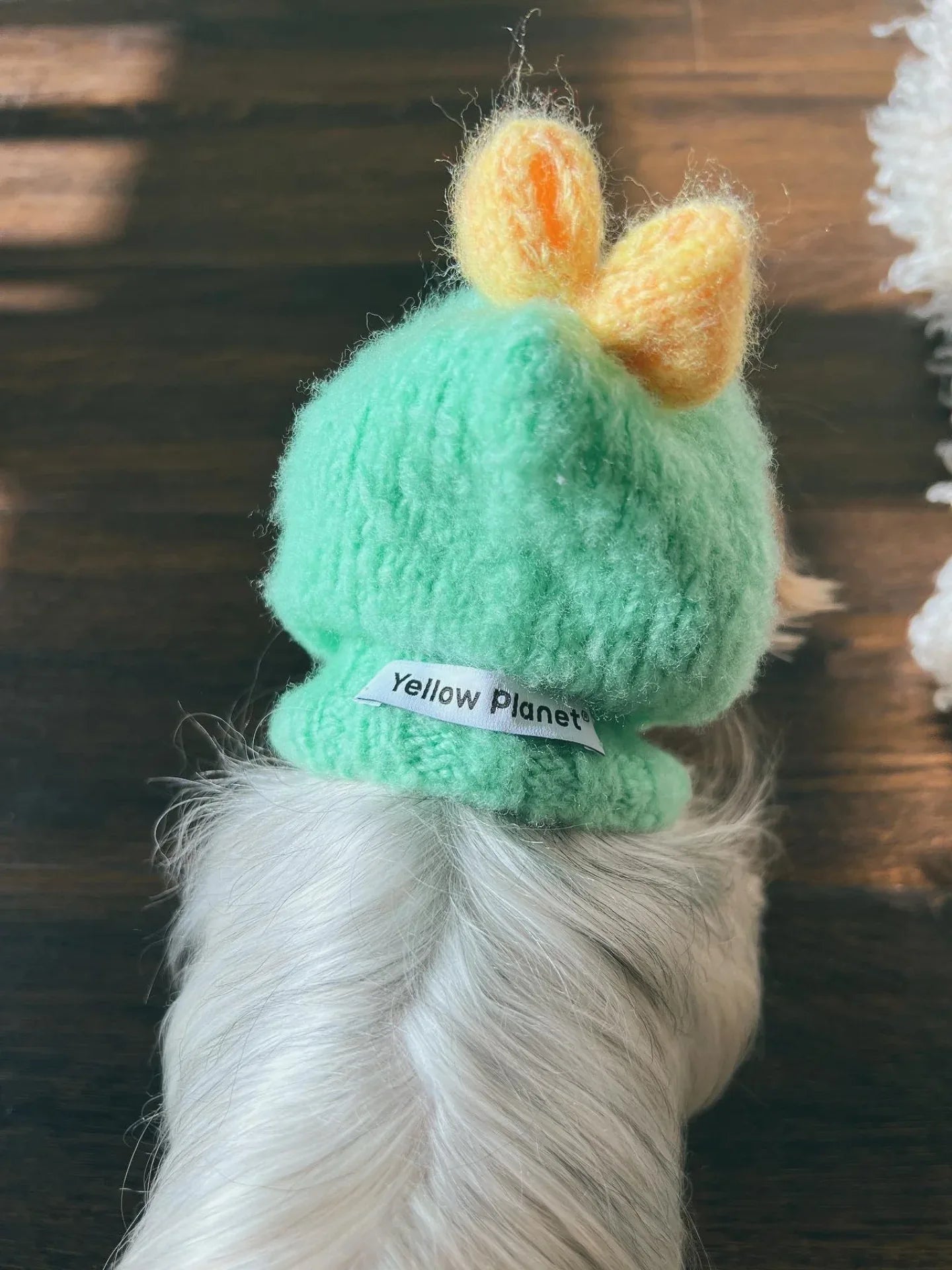 A long-haired dog modeling the Mint Green beanie from behind, showing the secure fit and playful yellow bow.