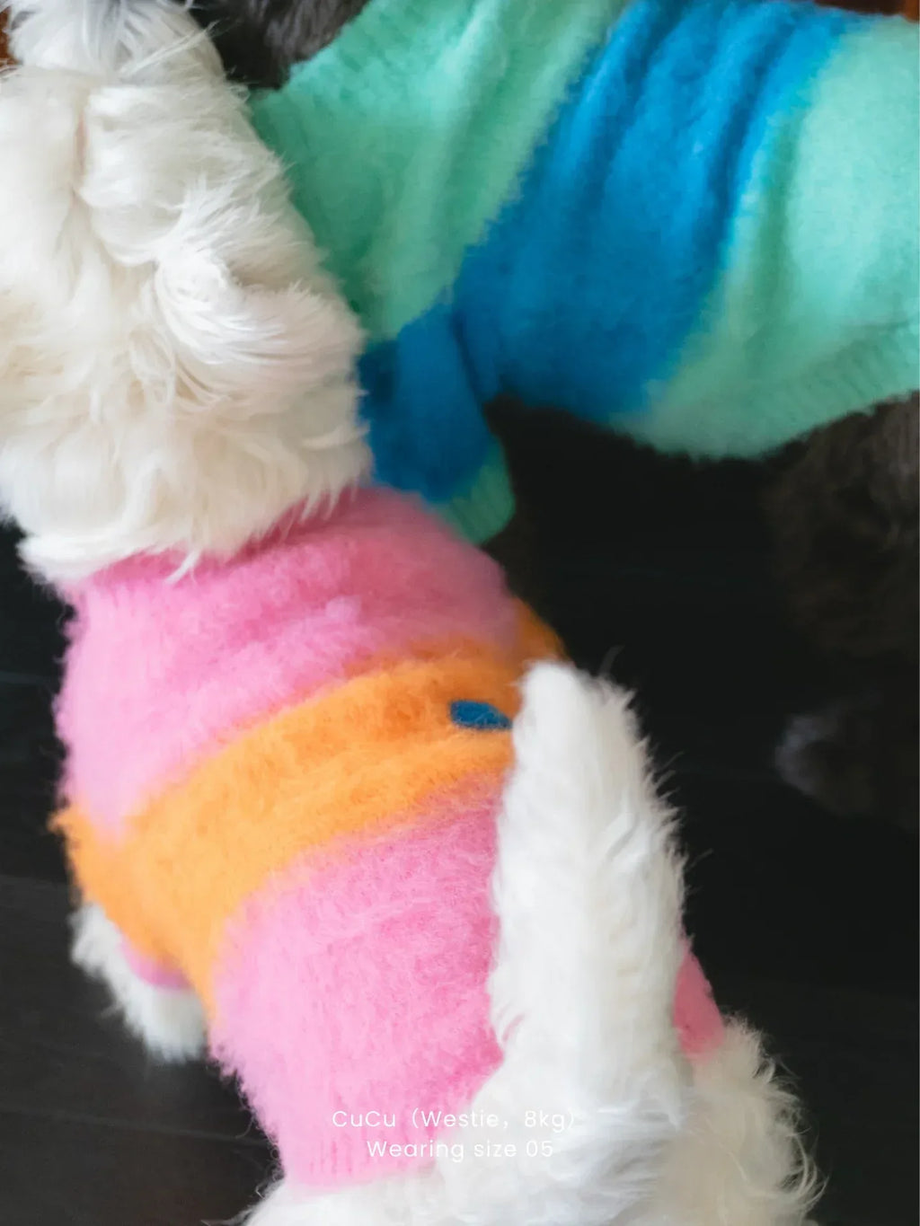 Close-up of two dogs wearing the Pink-Orange and Blue-Teal Fuwa Fuwa series brushed sweaters together.