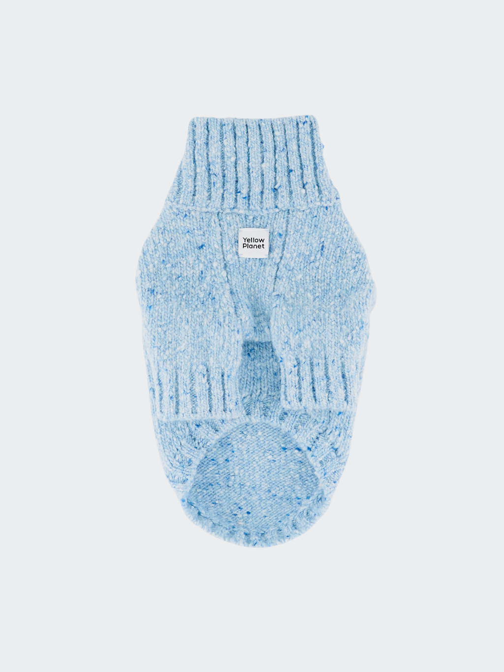 White background flat lay of the Frosted Blue alpaca-wool tweed pet sweater. Highlights the cool, winter essence and subtle woven texture.