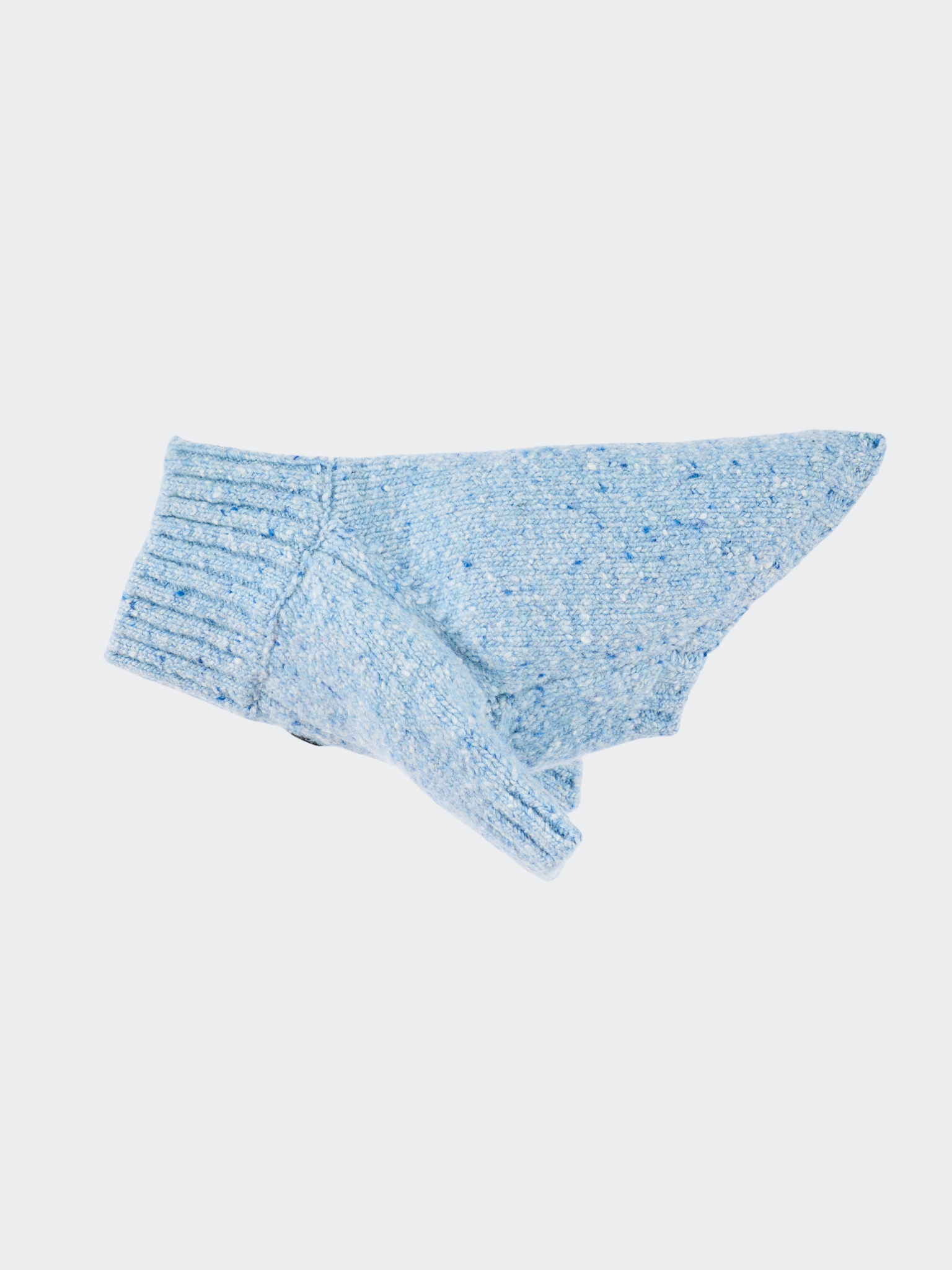 White background side profile/silhouette of the Frosted Blue pet sweater, emphasizing the structured fit and humanistic charm.