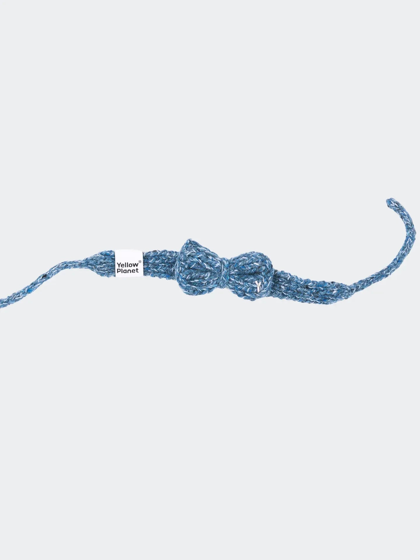 Main product shot of the Denim Tweed hand-knitted pet bow tie, crafted from a premium alpaca and wool blend.