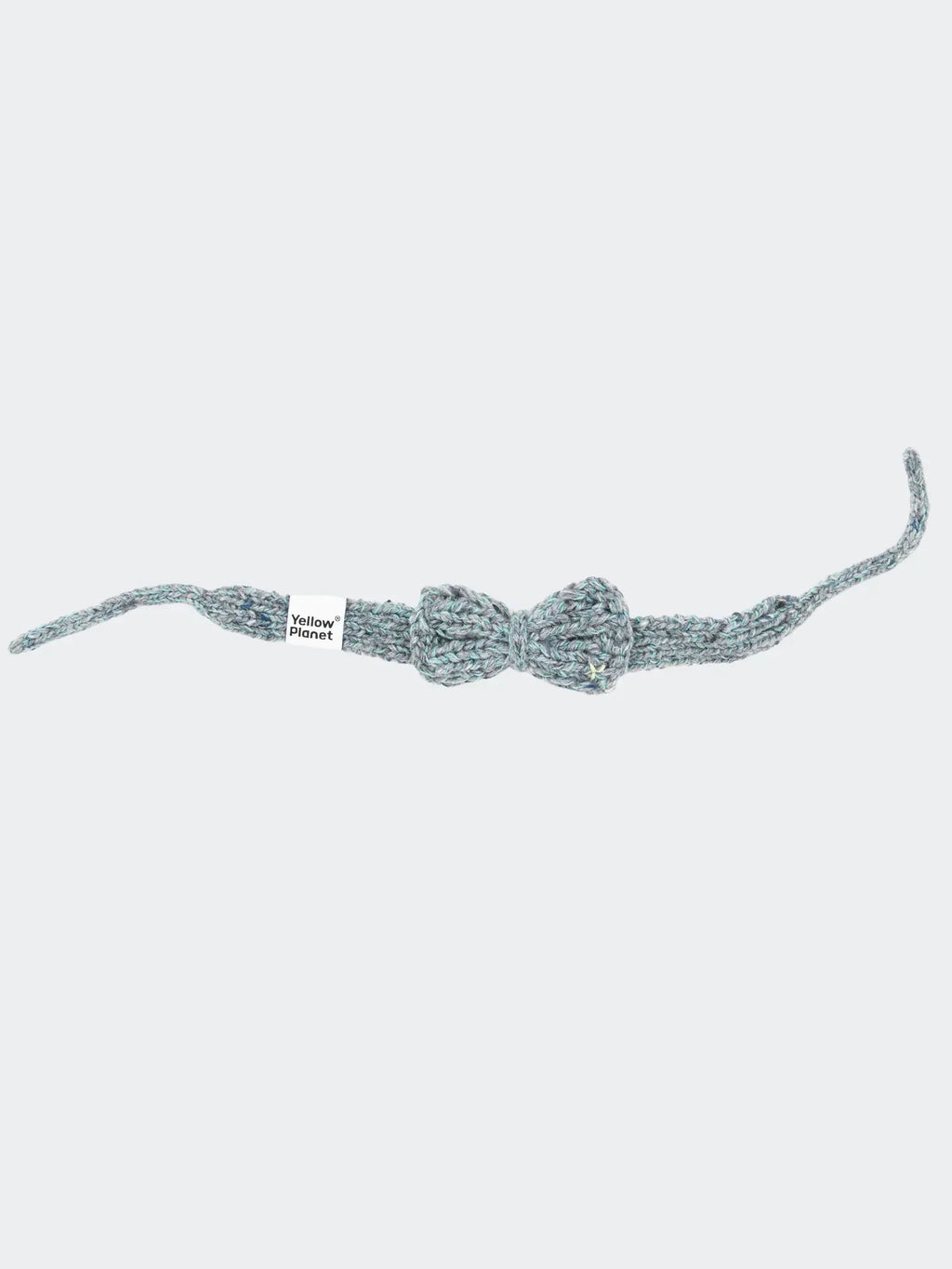 Main product shot of the Sage Tweed hand-knitted pet bow tie, featuring a muted green and gray flecked alpaca wool texture.