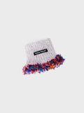 Main studio product shot of the limited edition "Blossom-1" hand-knitted luxe pet snood in light gray speckled wool with multi-color purple and orange fringe.