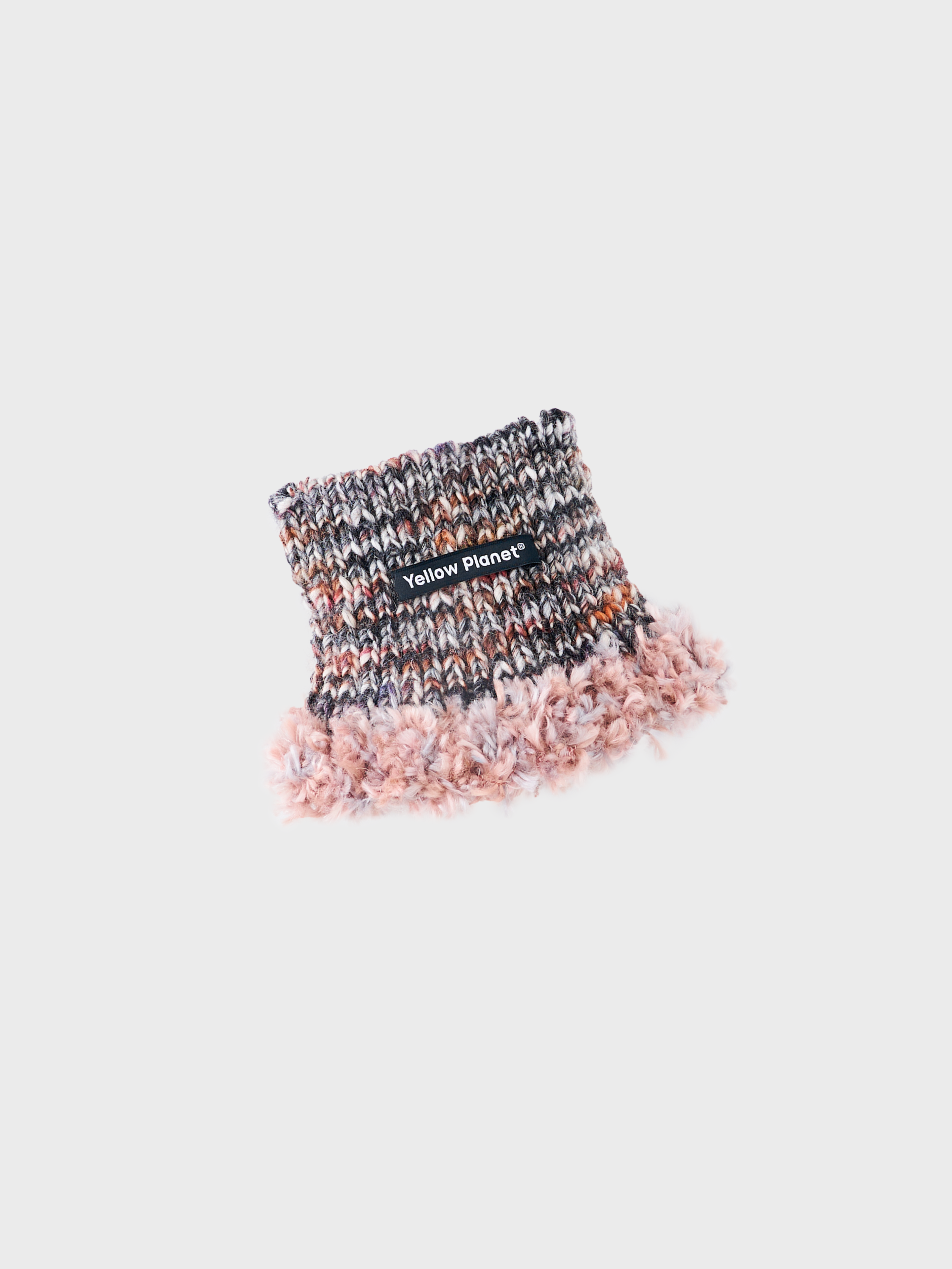 Main product shot of the limited edition "Blossom-3" hand-knitted luxe pet snood in gray speckled wool with dusty rose fringe.