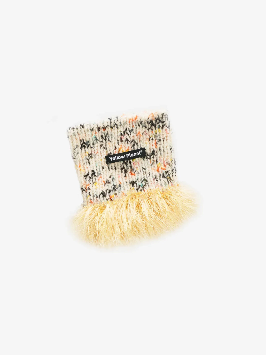 Main studio shot of the "Duality" special edition pet snood in cream speckled wool with champagne and bright yellow fringe tassels.