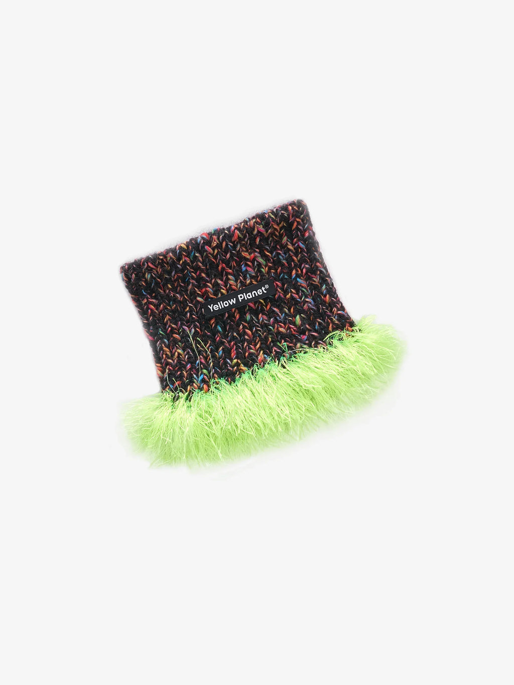 Main studio shot of the "Duality" special edition pet snood in HANABI multi-color speckled wool with neon green fringe tassels.