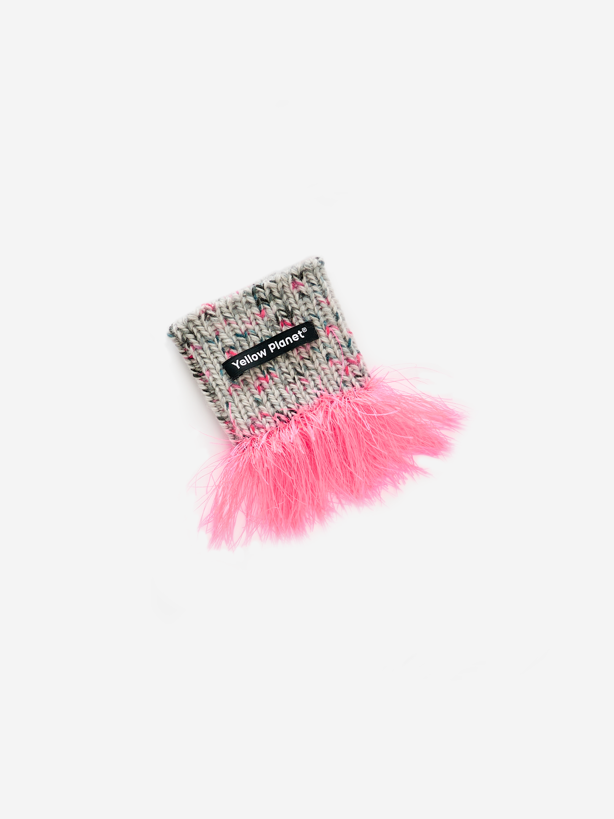 Main product shot of the hand-knitted "Duality" pet snood in gray speckled wool with vibrant neon pink fringe tassels.