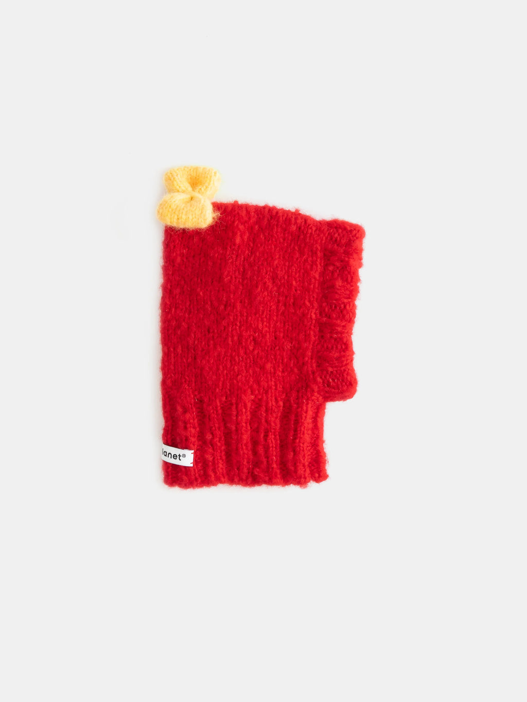 Main product view of the True Red "Mochi BonBon" hand-knitted pet beanie featuring a soft fuzzy texture and yellow bow.