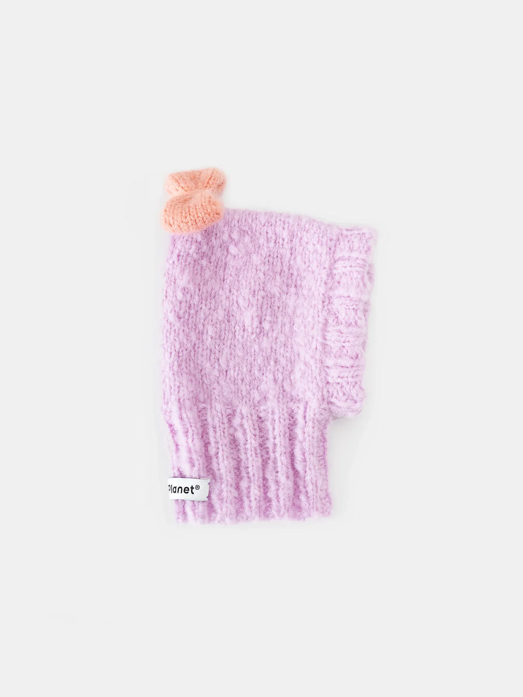 Main product view of the Lavender "Mochi BonBon" hand-knitted pet beanie featuring a fuzzy wool texture and salmon pink bow.