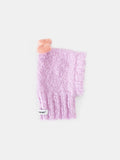 Main product view of the Lavender "Mochi BonBon" hand-knitted pet beanie featuring a fuzzy wool texture and salmon pink bow.