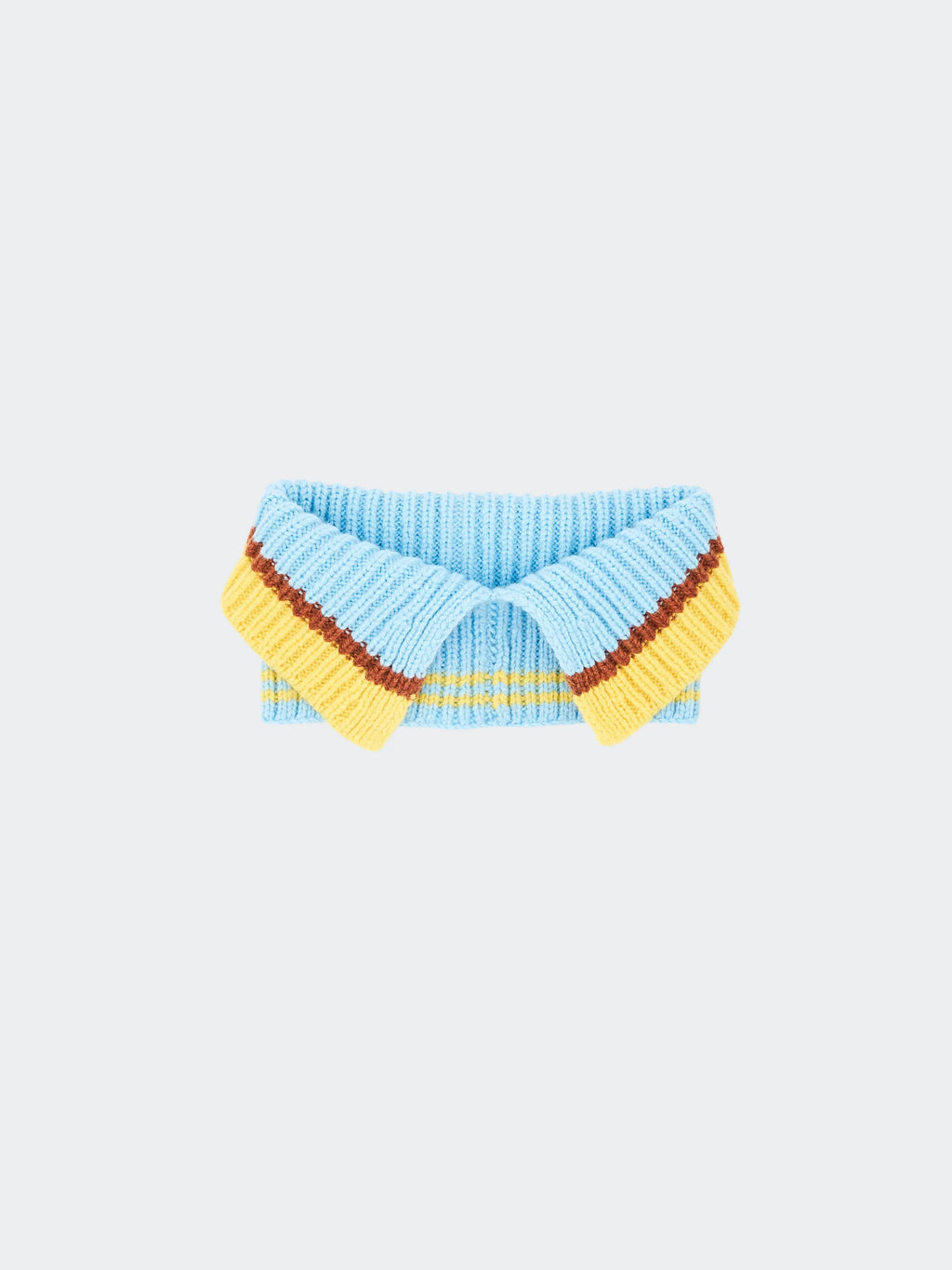 Main product view of the Light Blue Merino wool fashion collar with a folded polo-style neckline and yellow trim.