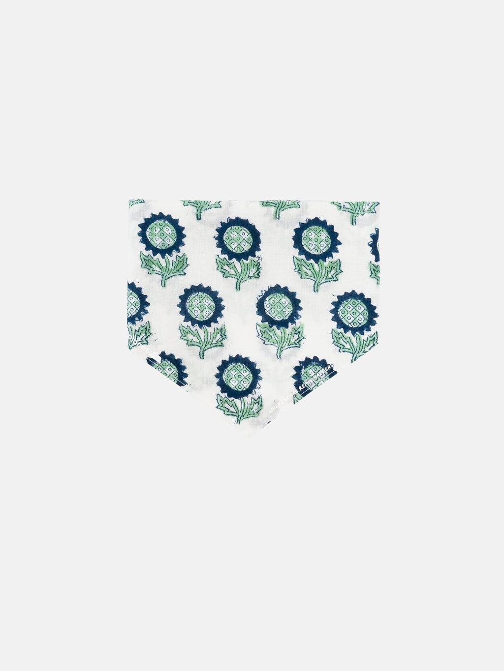 Indigo Sunflower block print Indian cotton bandana shown unfolded on a white background