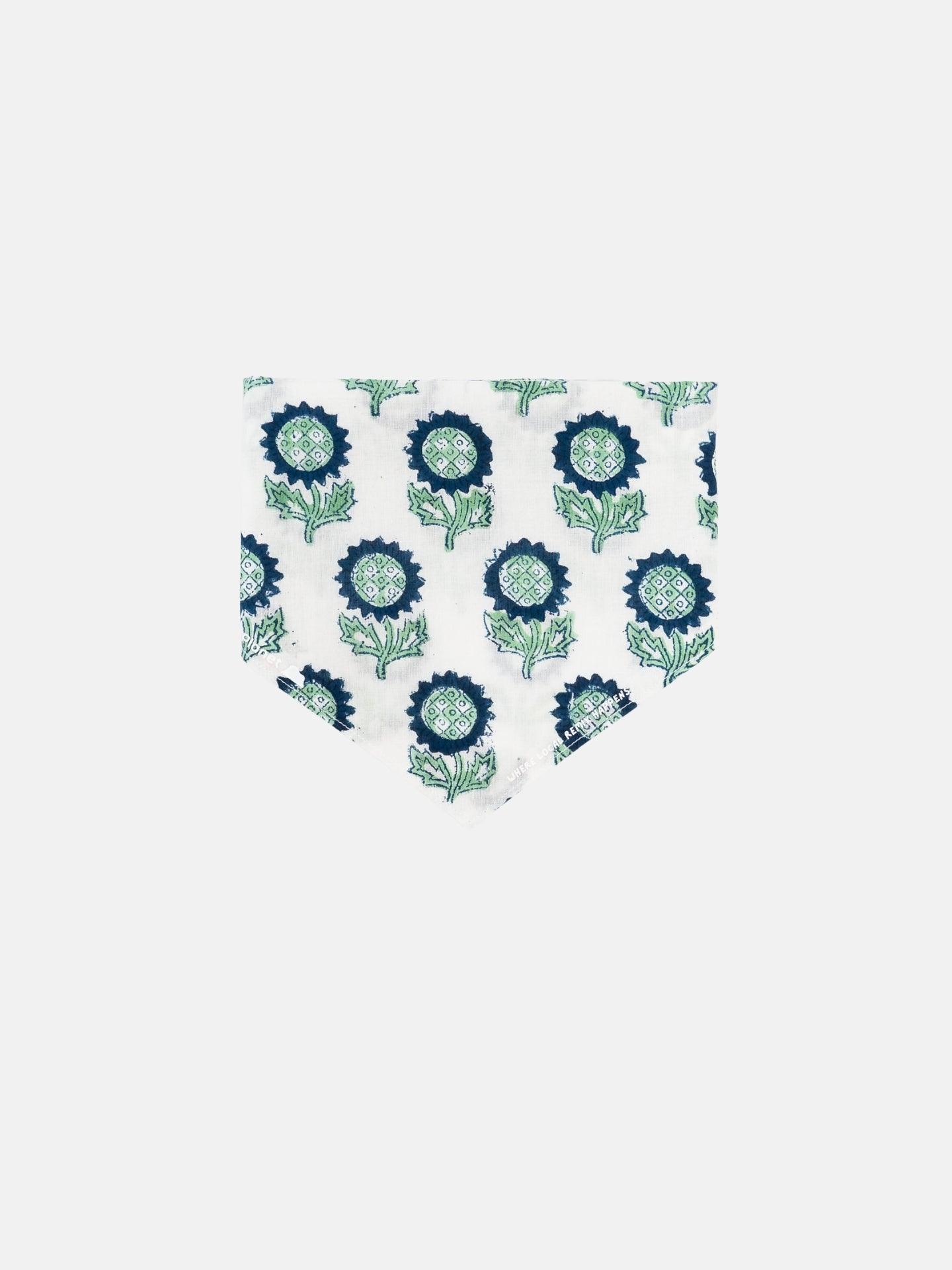 Indigo Sunflower block print Indian cotton bandana shown unfolded on a white background