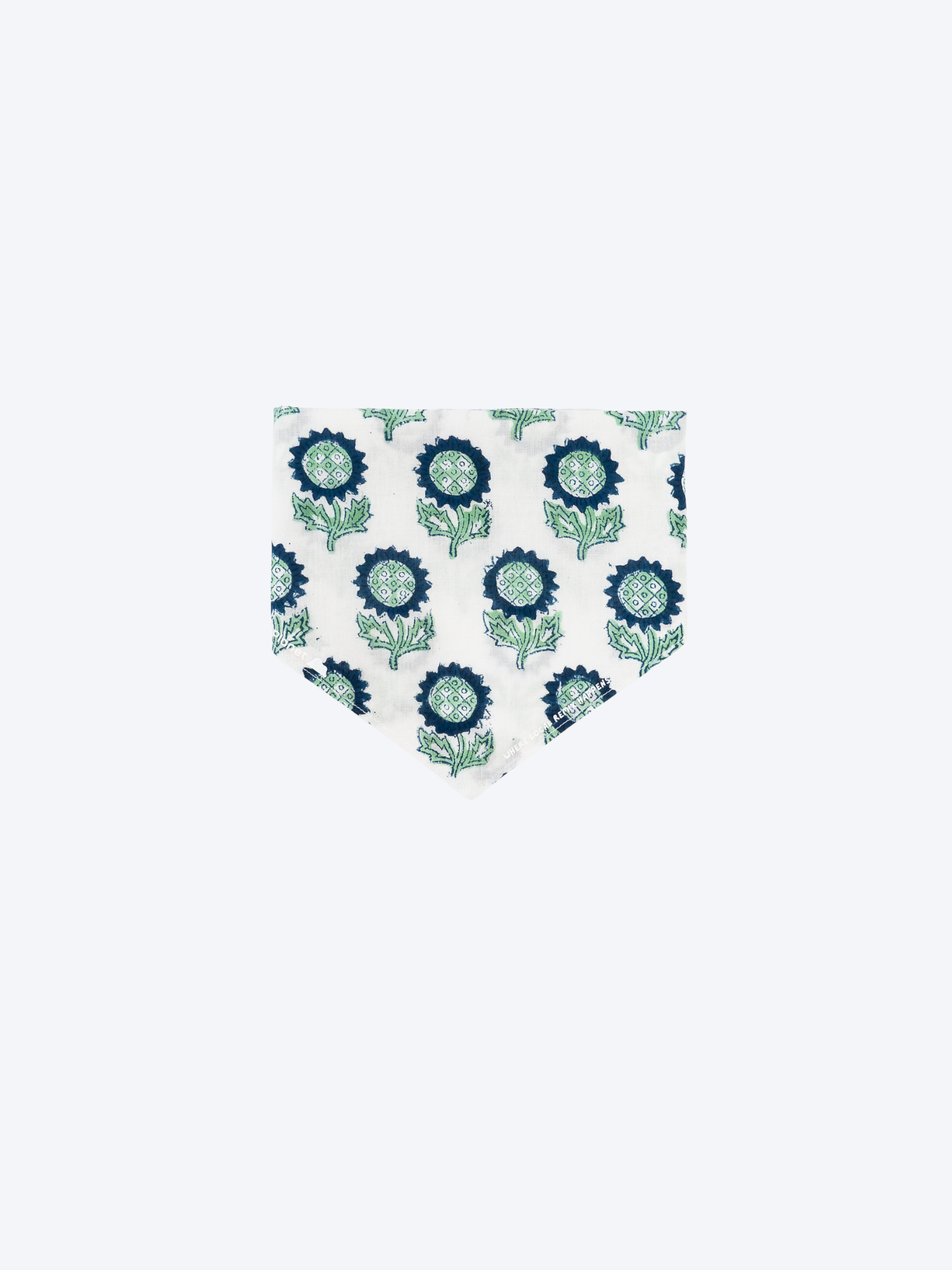 Indigo Sunflower block print Indian cotton bandana shown unfolded on a white background