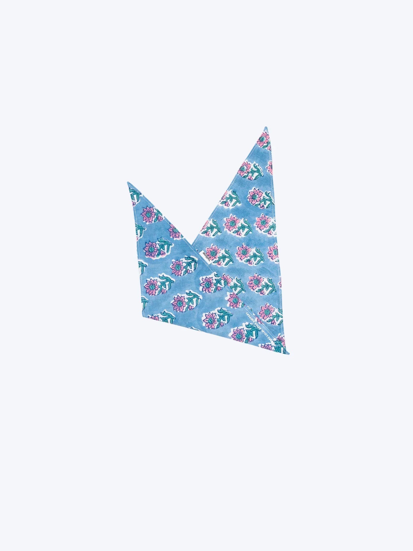 Folded triangle Local Remix Series Block Print Indian Cotton Bandana Blue Buti on white background