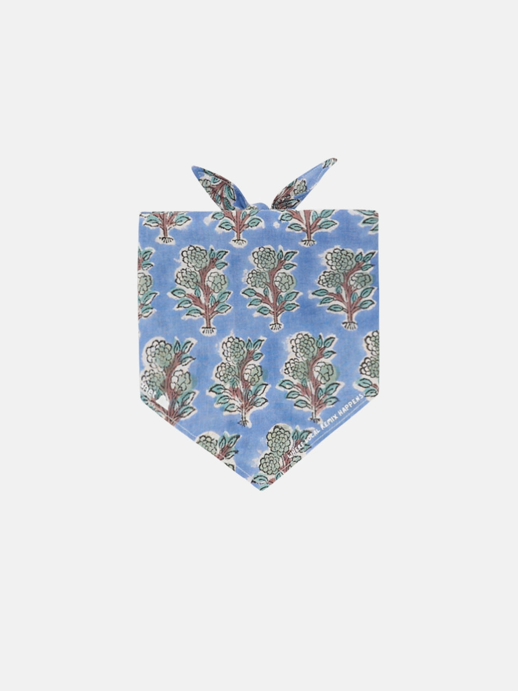 Green Forest on Blue Local Remix Series Block Print Indian Cotton dog bandana flat lay on white background