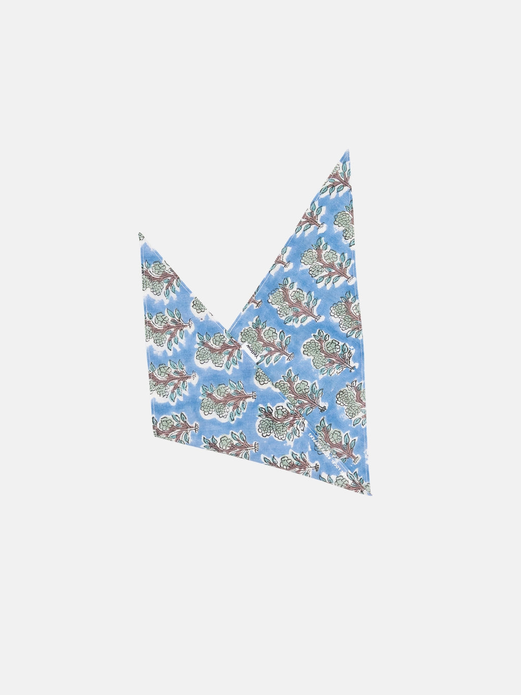 Folded triangle Green Forest on Blue Block Print Indian Cotton dog bandana on white background