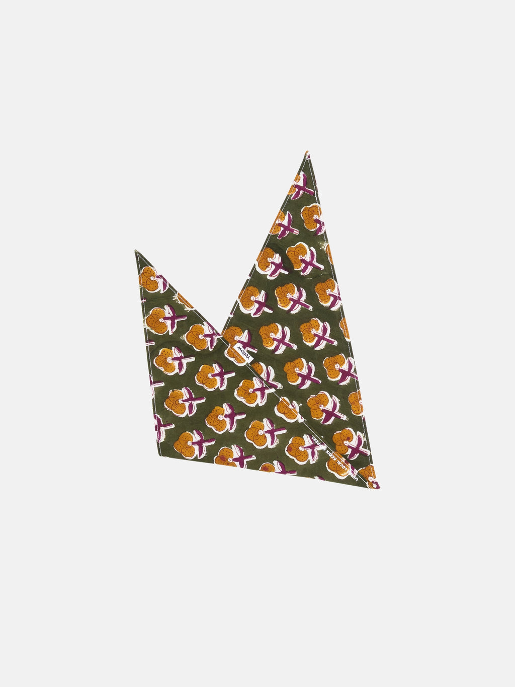Folded triangle Olive Harmony Block Print Indian Cotton dog bandana on white background