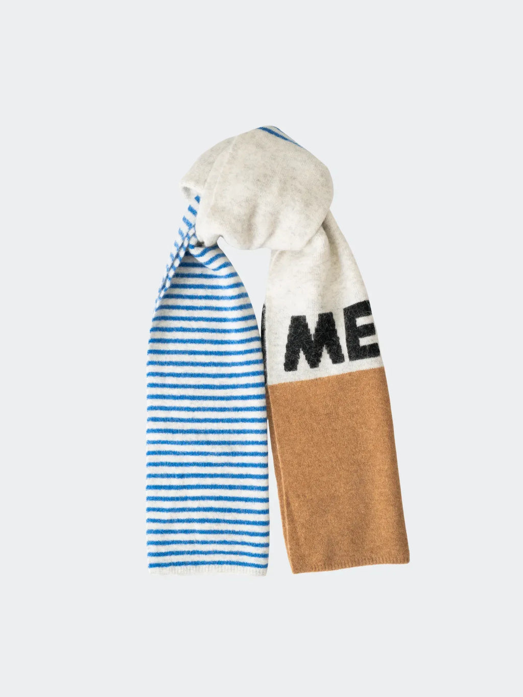 A studio flat-lay of the "MEOW" alpaca-mohair scarf showing the distinct grey, camel brown, and blue striped sections.